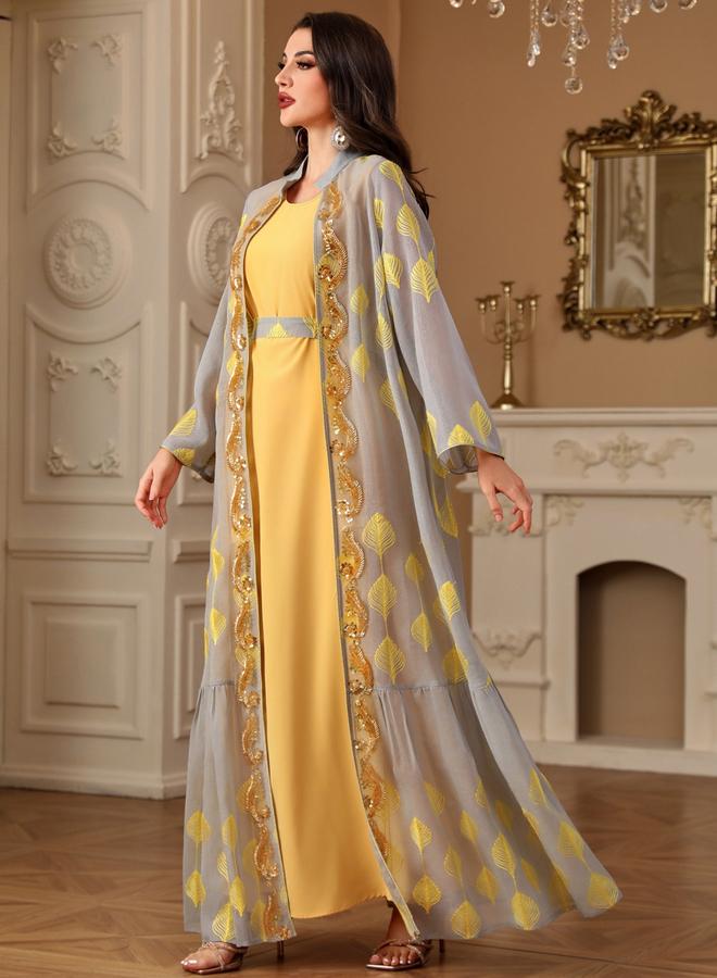 Take Two Women Sequin Patch Detail Belted Kimono with Dress Set - Image 2